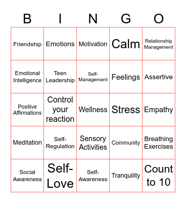 Teen Leadership Emotional Intelligence Bingo Card