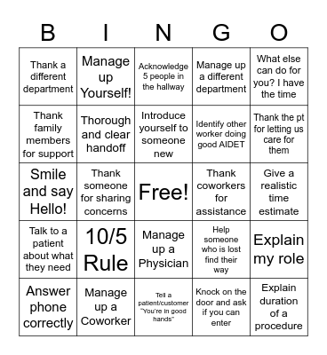 AIDET Bingo - Gritman Medical Center Bingo Card