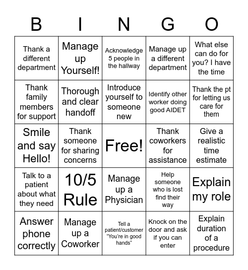 AIDET Bingo - Gritman Medical Center Bingo Card