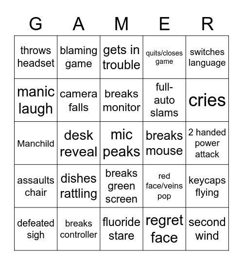 GAMER RAGE BINGO (Edited) Bingo Card