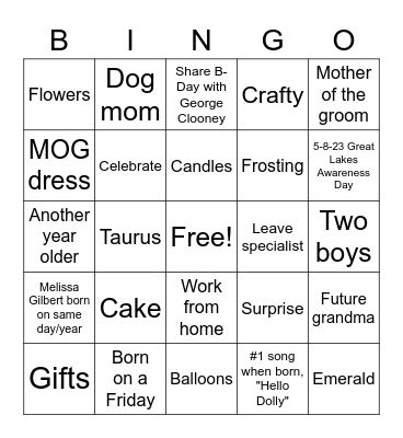 Janet Birthday Bingo Card