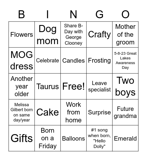 Janet Birthday Bingo Card