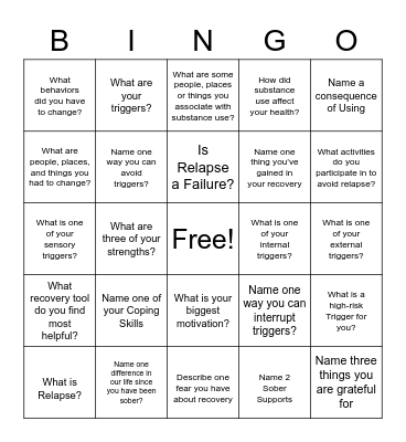 Recovery Bingo Card
