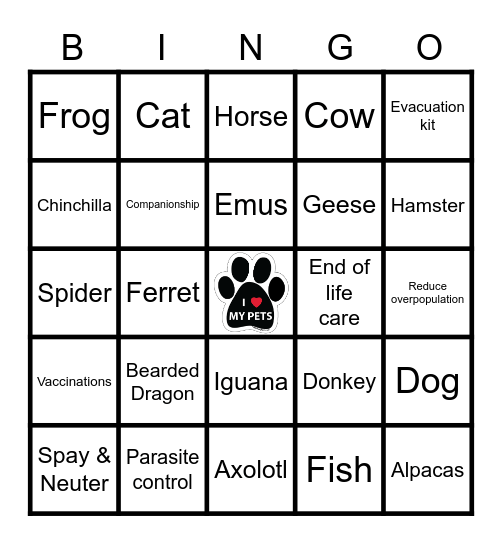 Pet Bingo Card