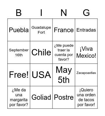 Cinco de Mayo Bingo Card