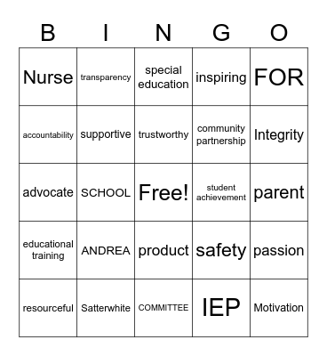Andrea SATTERWHITE for School Committee Bingo Card