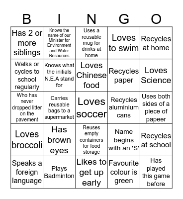 Environmental Club Bingo Game  Bingo Card