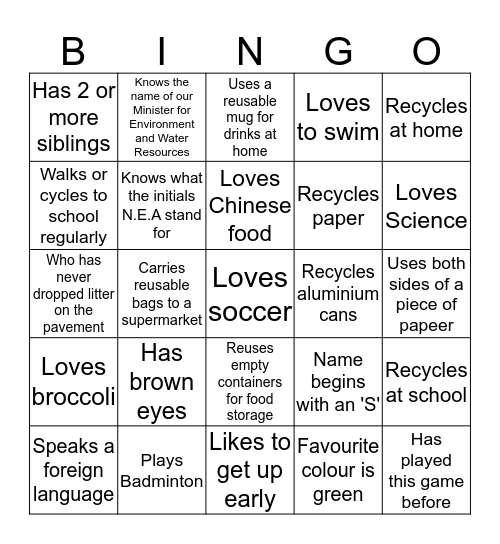 Environmental Club Bingo Game  Bingo Card