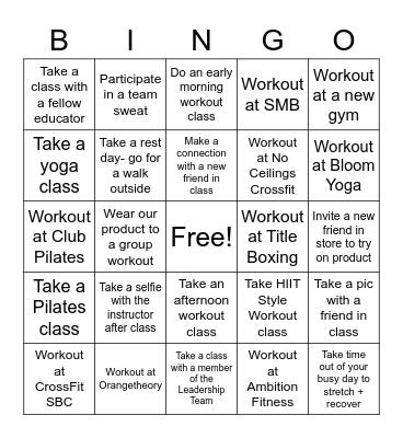 Sweaty Pursuits Bingo Card