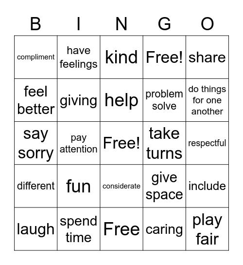 Friendship Bingo Card