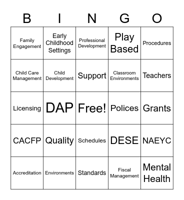 Early Childhood Bingo Card