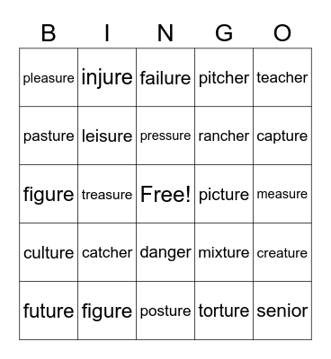 cher/ ture/sure/ure Bingo Card