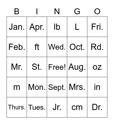 Abbreviations Bingo Card