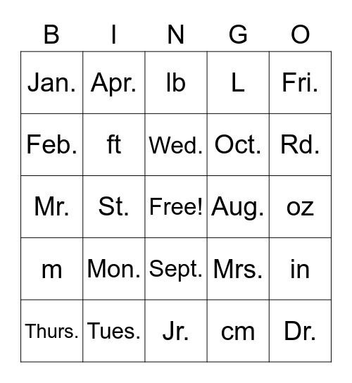 Abbreviations Bingo Card