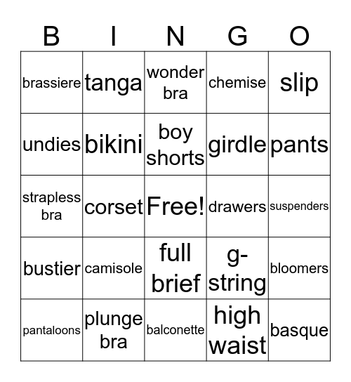 Lingerie Bingo Card