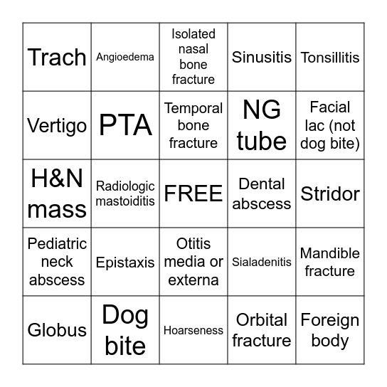 ENT Consult Bingo Card