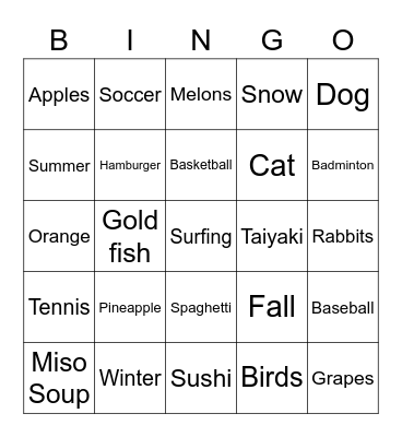 Favourite Things Bingo Card