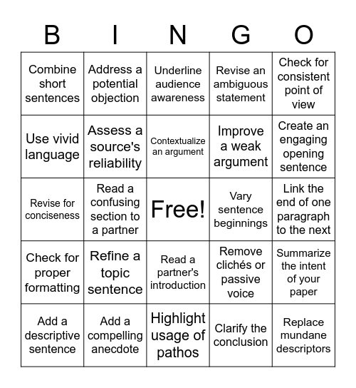 ENGL 121 BINGO Card