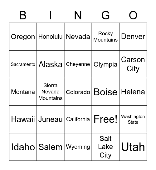 States and Capitals of the Western Region Bingo Card
