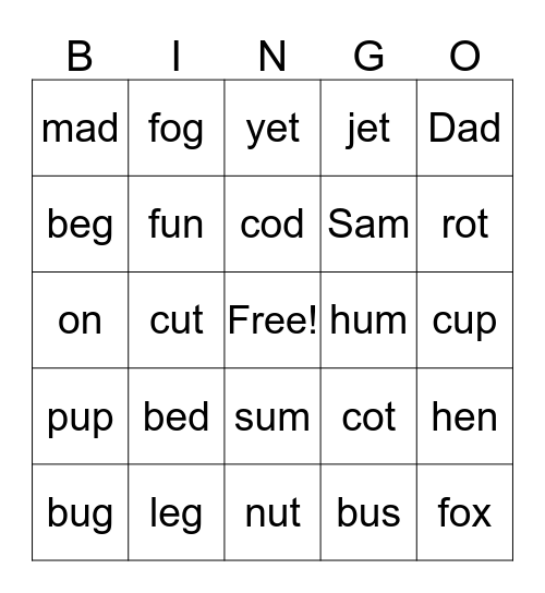 Short Vowel Bingo Card
