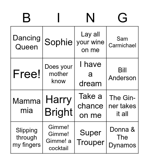 Mamma Mia Bingo Card