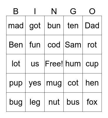 Short Vowel Bingo Card