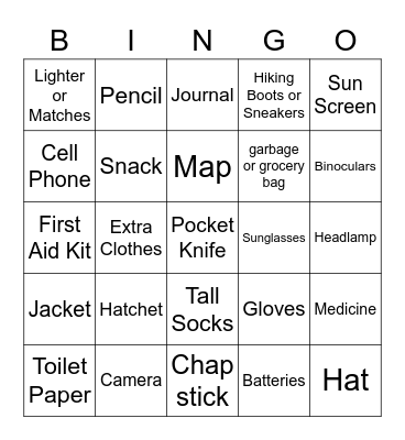 Hiking Gear Bingo Card