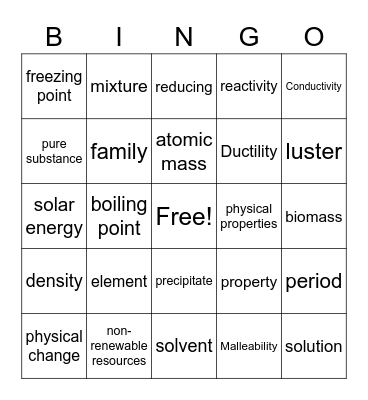 Physical Science Bingo Card