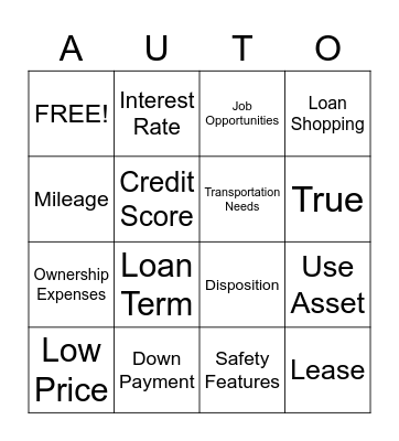 Vehicle Acquisition Bingo Card