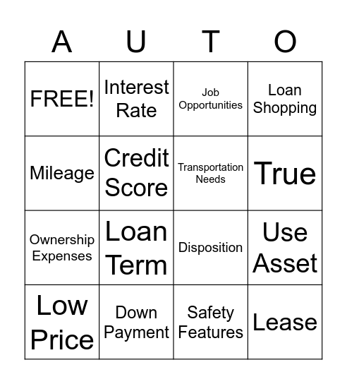Vehicle Acquisition Bingo Card