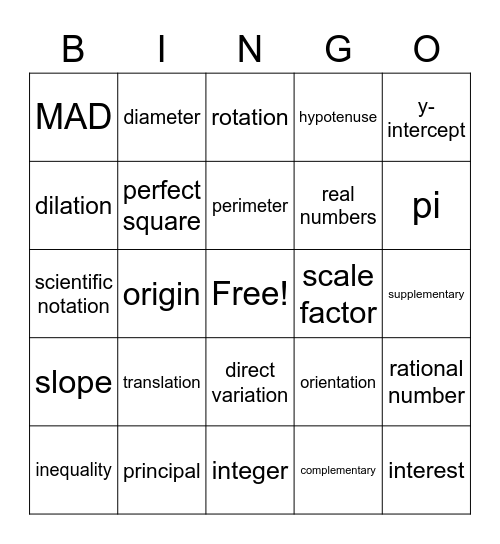 8th Grade Math Vocabulary Bingo Card