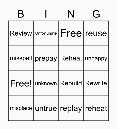 PREFIX BINGO! re, un Bingo Card