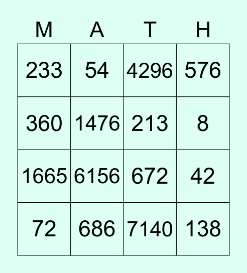 Math Bingo!! Bingo Card