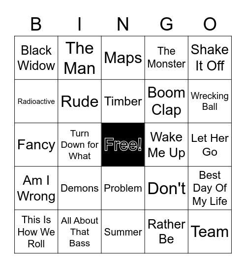 2014 Top Hits Bingo Card