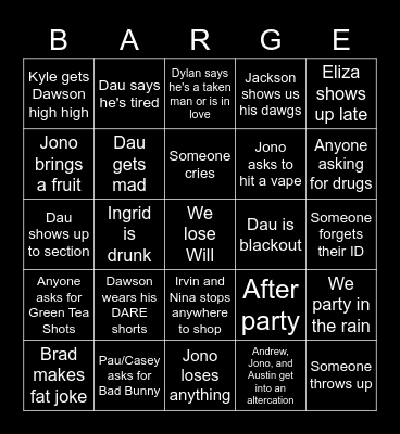 Birthday Bukkake Bingo Card