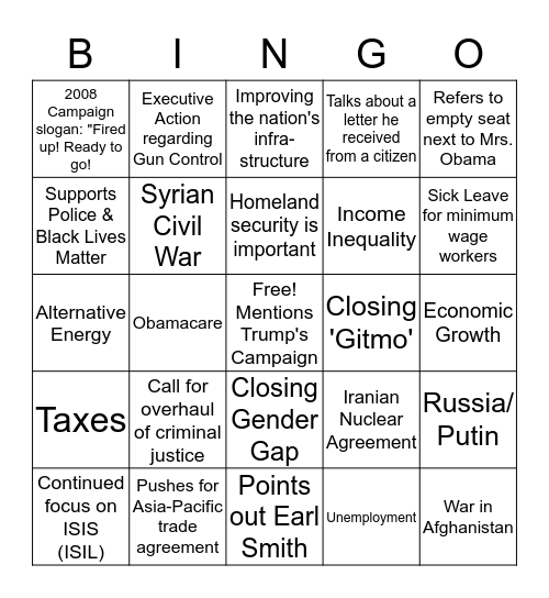 SOTU 1/12/2016 8 pm Bingo Card