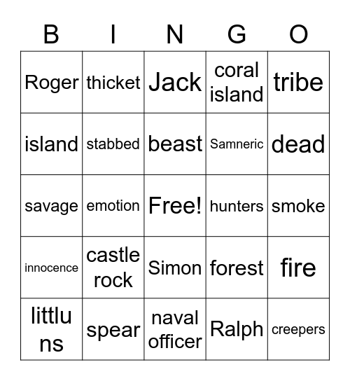 Lord of the Flies Bingo Card