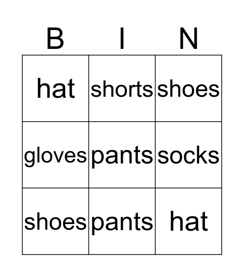 Clothes Bingo Card
