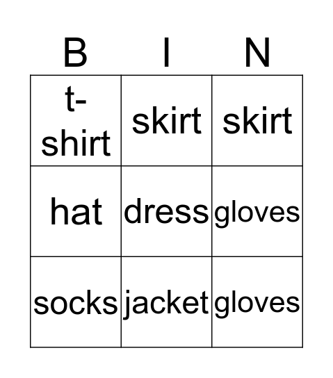 Clothes Bingo Card