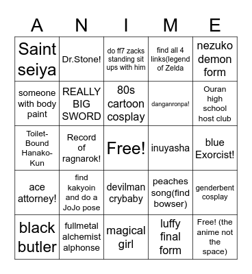 Cosplay Bingo Card