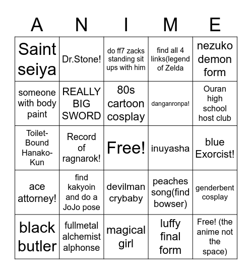 Cosplay Bingo Card