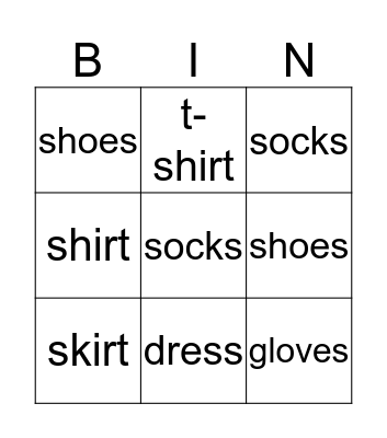 Clothes Bingo Card