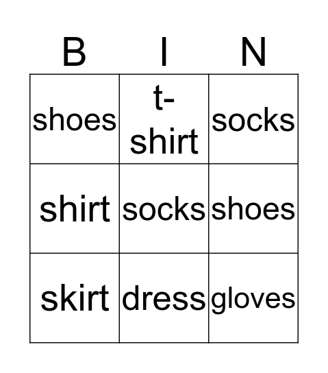 Clothes Bingo Card