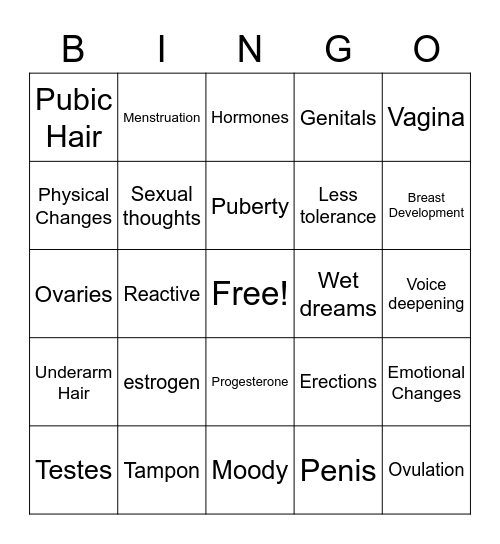 Puberty Bingo Card