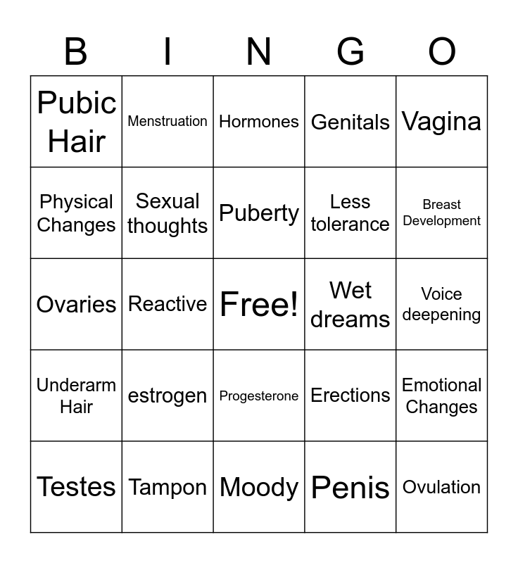 Puberty Bingo Card
