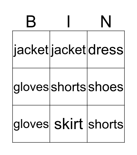 Clothes Bingo Card