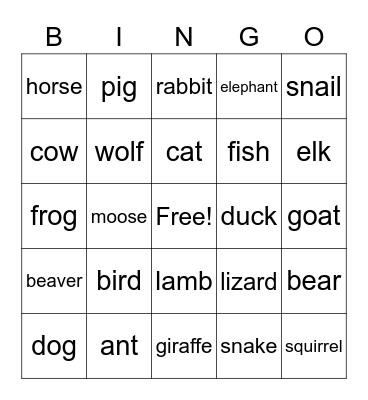 Animals Bingo Card