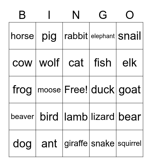Animals Bingo Card