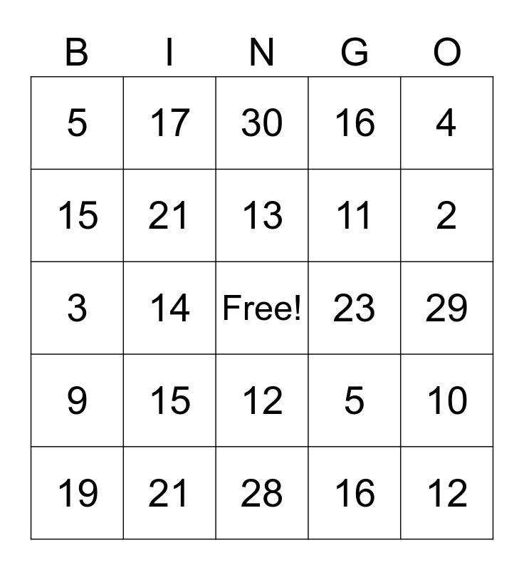 Números del 0 al 30. Bingo Card