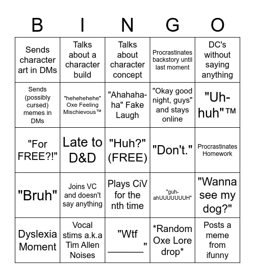 OXE BINGO Card